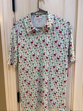 bcg White Polo with Pink Flamingo & Green Leaf Print